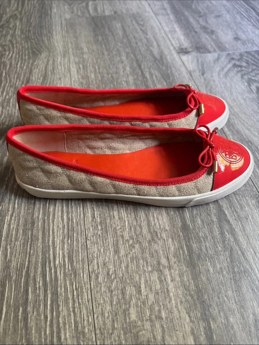 Tory Burch Canvas Ballet Flat with Red Patent Toe
